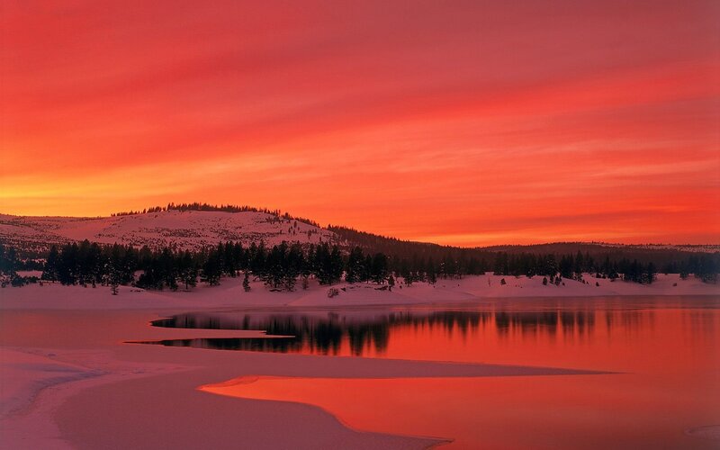 Snow-covered Lake at Sunset — Red, Dramatic