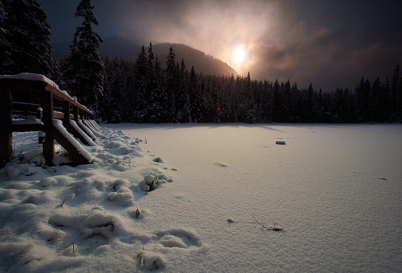 Snow-covered Lake at Sunset — White, Serene, Winter