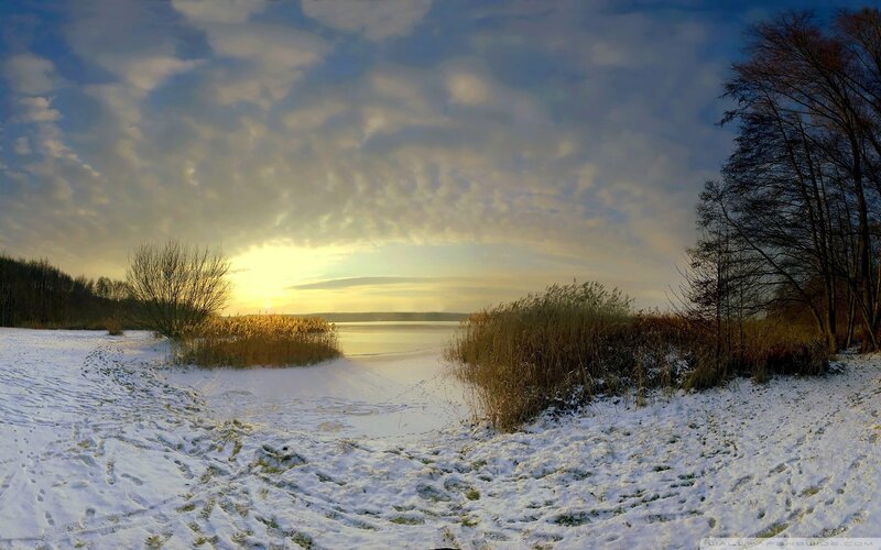 Snow-covered Lake at Sunset — White