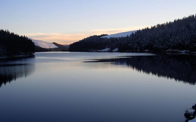 Snow-covered Lake — Blue, Serene, Winter, Photograph, Trees, Mountains, Sky