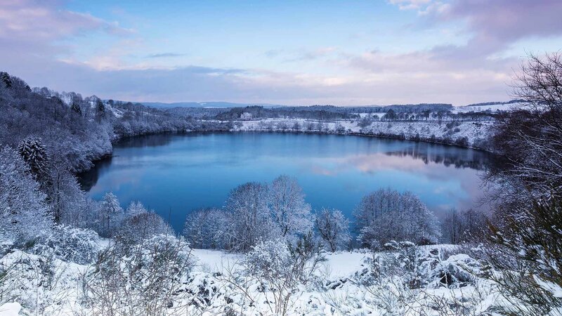 Snow-covered Lake — Blue, Serene, Winter, Photograph, Trees
