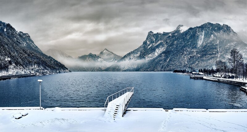 Snow-covered Lake Dock — Blue, Serene