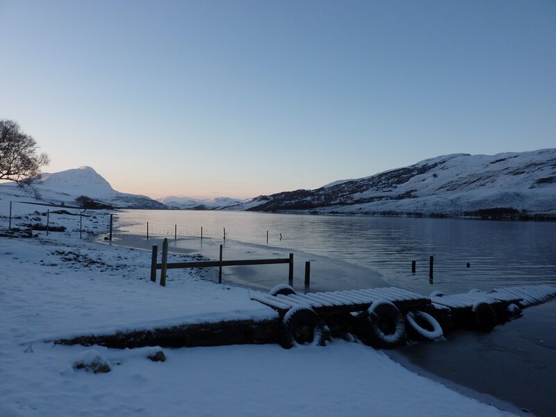 Snow-covered Lake Dock — Blue, Serene, Winter