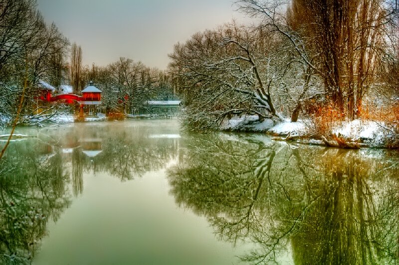 Snow-covered Lake — Green, Serene