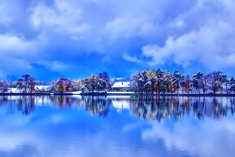 Snow-covered Lake House