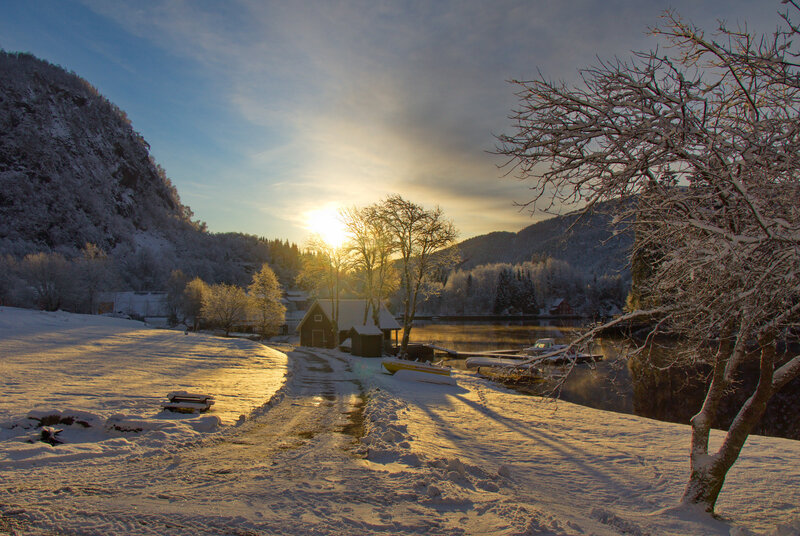 Snow-covered Lake House — White