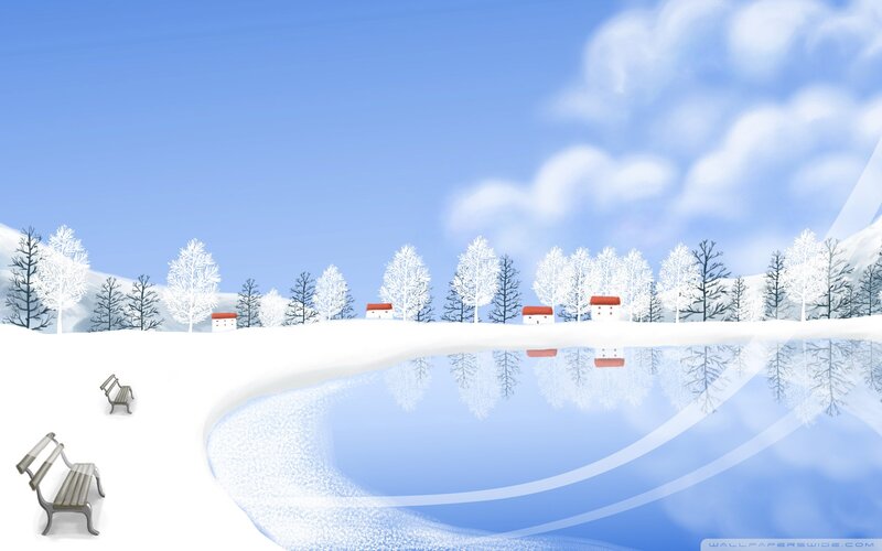 Snow-covered Lake Landscape — Blue, Serene, Winter, Digital Art