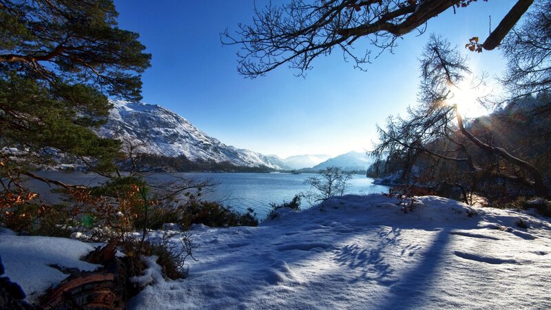 Snow-covered Lake Landscape — Blue, Serene, Winter, Photograph, Mountains