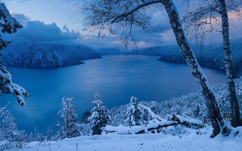 Snow-covered Lake Landscape — Blue, Serene, Winter, Photograph, Trees