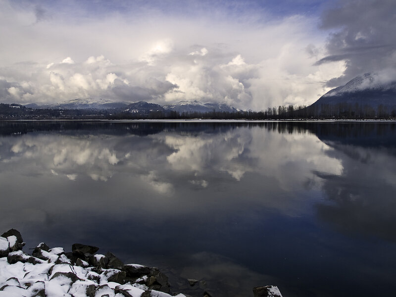 Snow-covered Lake Reflection — Blue, Serene