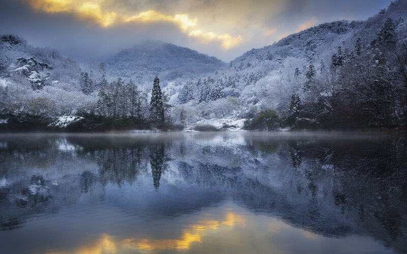 Snow-covered Lake Reflection — Blue