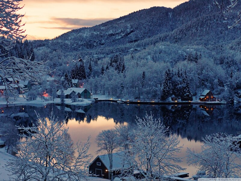 Snow-covered Lake Village — Blue
