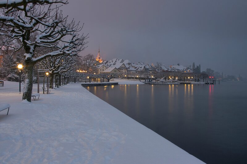 Snow-covered Lakeside Town