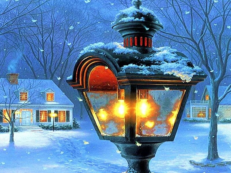 Snow-covered Lamp Post — Blue, Serene