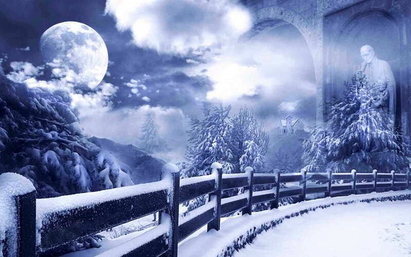 Snow-covered Landscape — Blue, Serene, Night, Digital Art