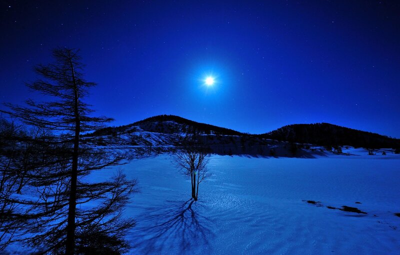 Snow-covered Landscape — Blue, Serene, Night, Photograph, Moon