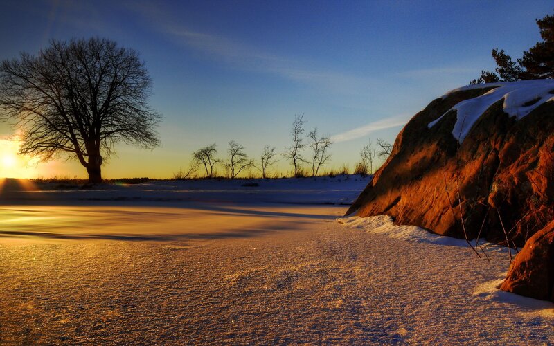 Snow-covered Landscape — Blue, Serene, Sunset