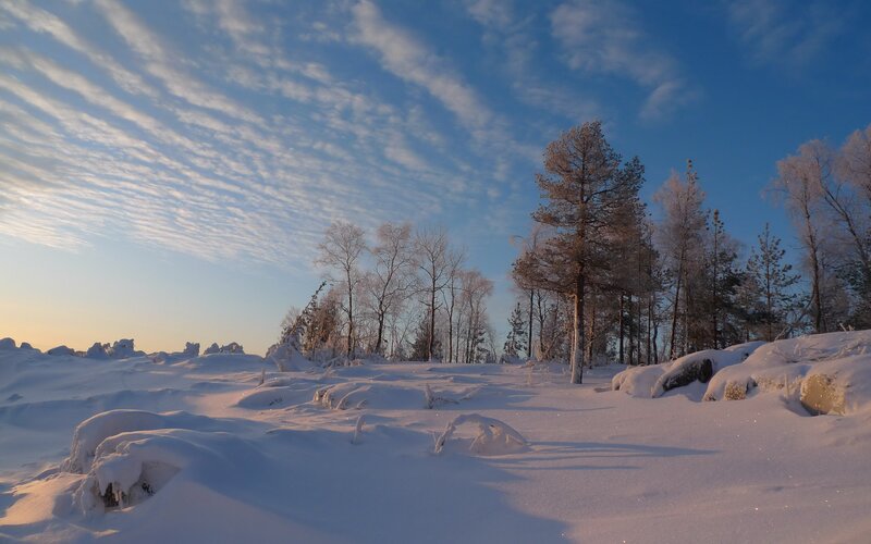 Snow-covered Landscape — Blue, Serene, Winter, Photograph, Trees, Rocks