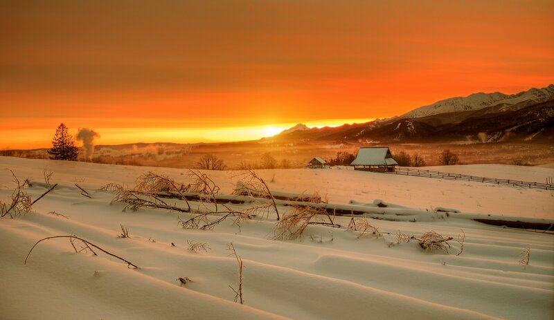 Snow-covered Landscape — Orange, Serene, Sunset, Photograph
