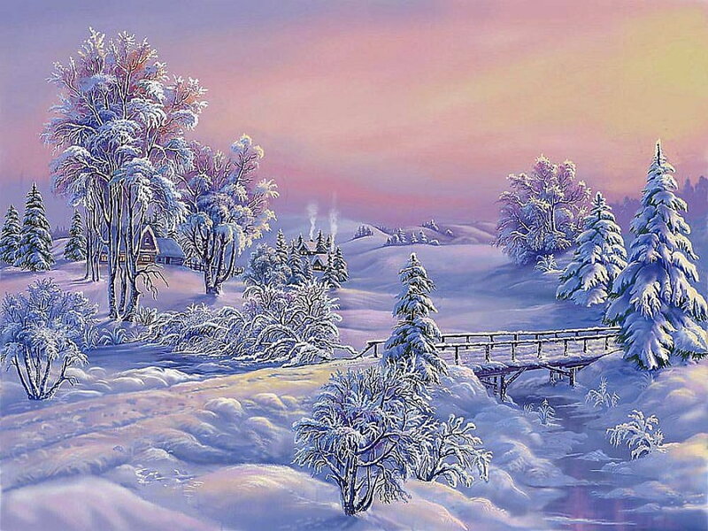 Snow-covered Landscape — Purple, Serene, Winter, Painting