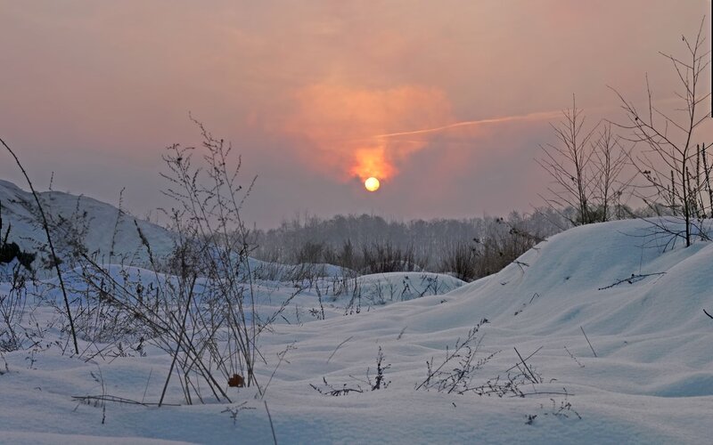 Snow-covered Landscape — White, Serene, Sunset