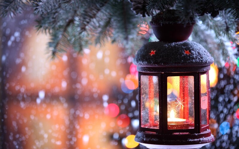 Snow-covered Lantern — Red, Cozy, Winter, Photograph, Pine Branches