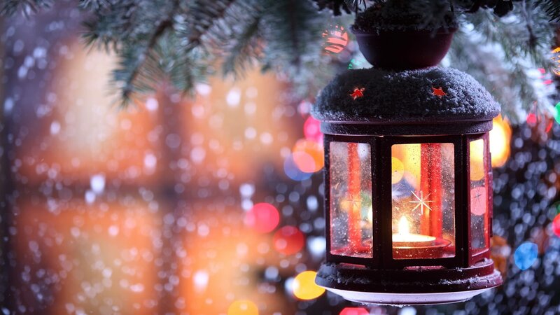 Snow-covered Lantern — Red, Cozy, Winter, Photograph