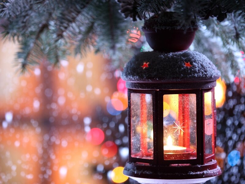 Snow-covered Lantern — Red, Cozy, Winter