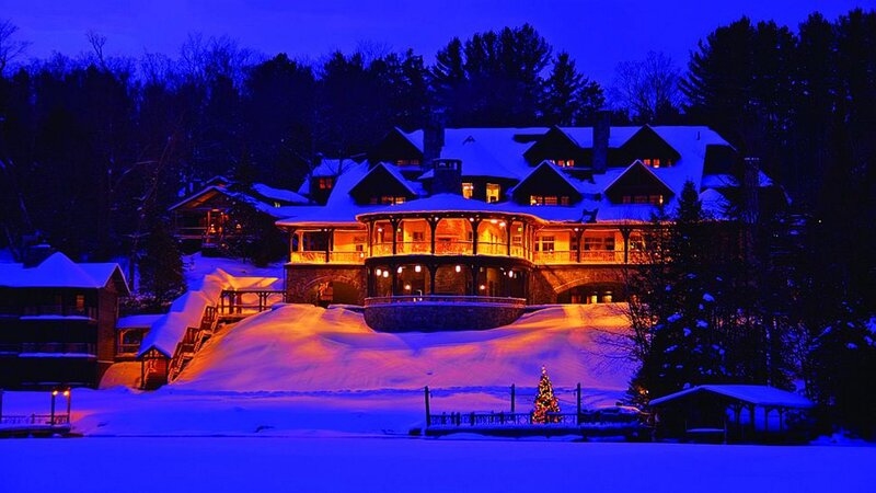 Snow-covered Lodge at Night — Blue
