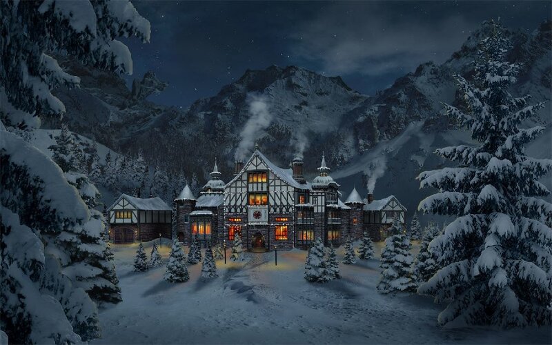 Snow-covered Lodge at Night — White