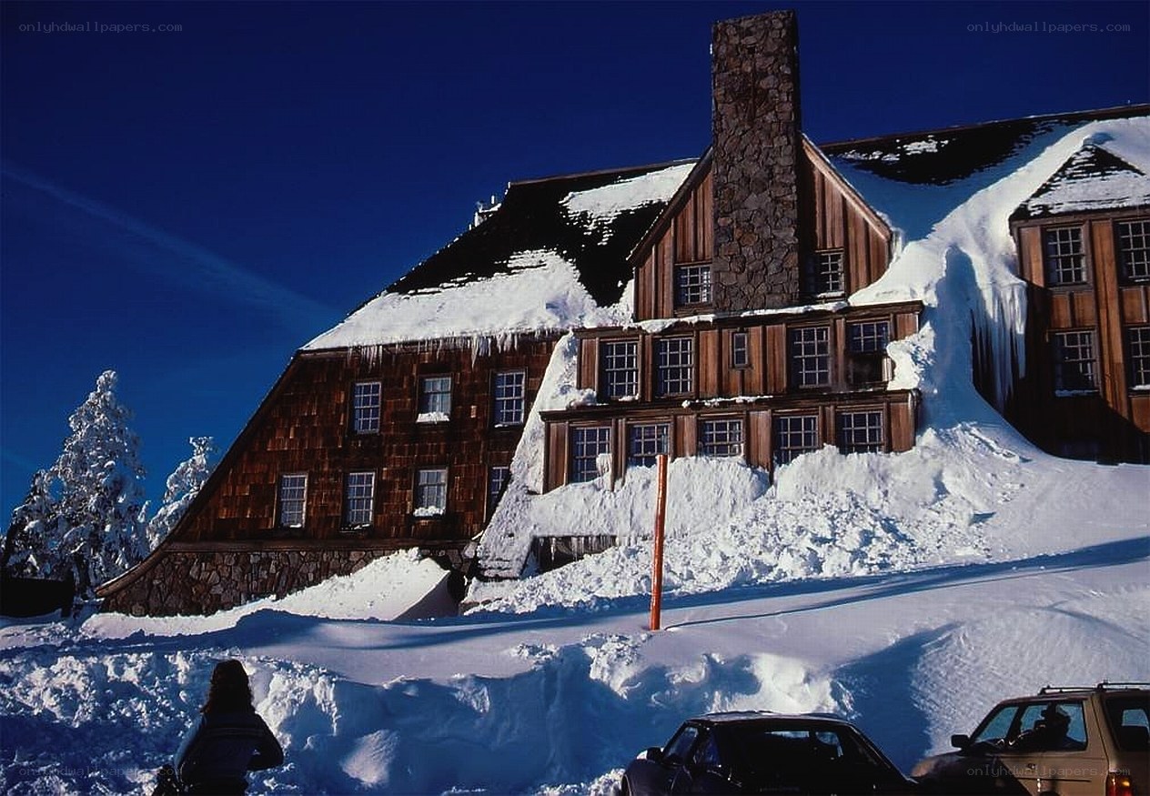 Snow-covered lodge in winter