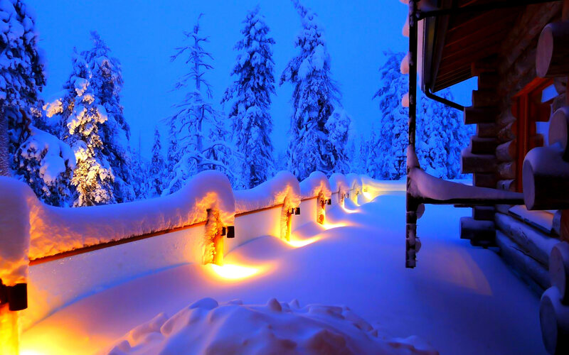 Snow-covered Log Cabin — Blue, Serene, Night