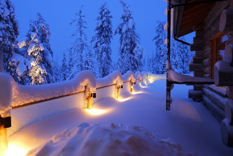 Snow-covered Log Cabin — Blue