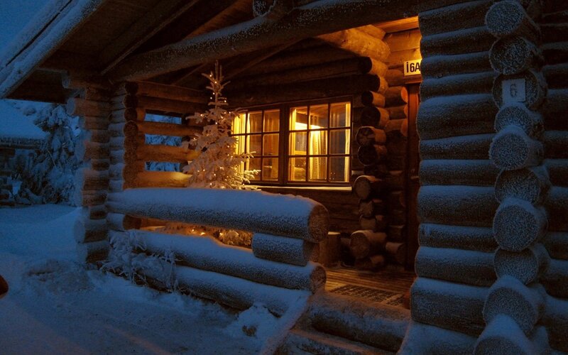 Snow-covered Log Cabin — Brown, Cozy