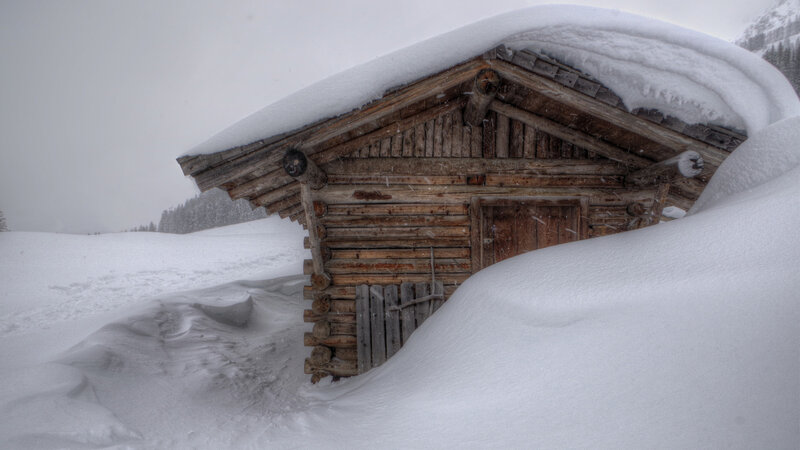 Snow-covered Log Cabin — White, Cold