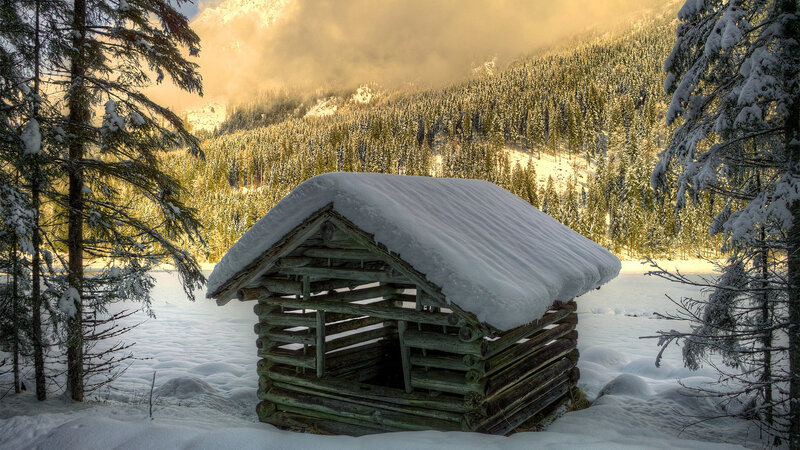 Snow-covered Log Cabin — White, Serene, Winter