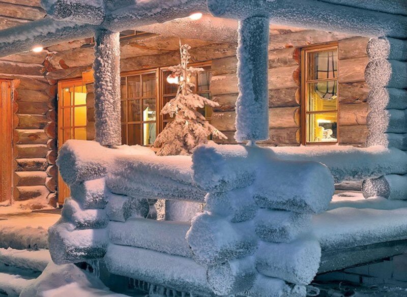 Snow-covered Log Cabin — White