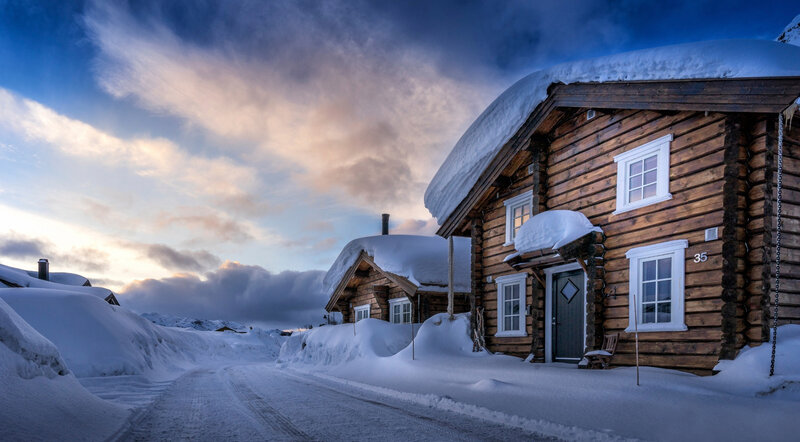 Snow-covered Log Cabins — Blue, Dramatic