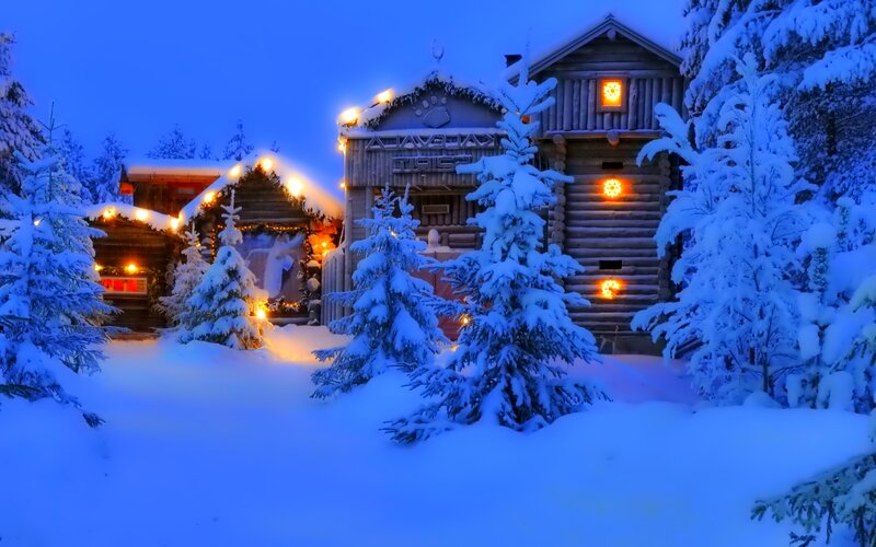 Snow-covered Log Cabins — Blue, Serene
