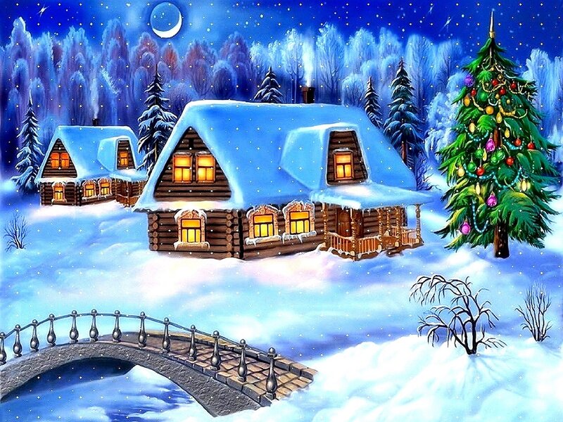 Snow-covered Log Cabins — Blue