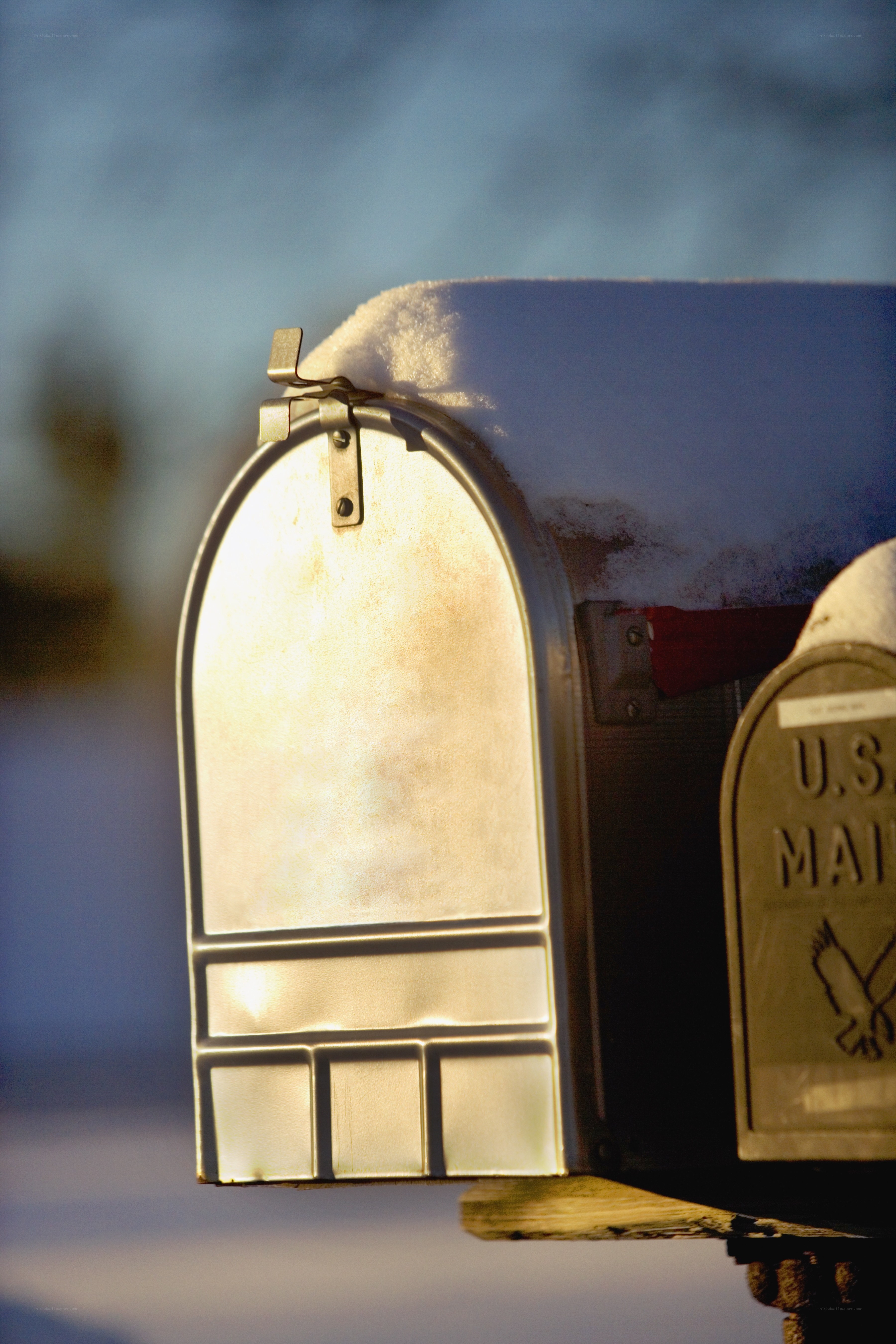 Snow-covered mailboxes in sunlight