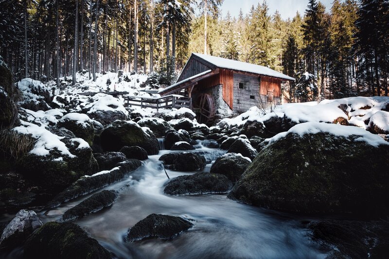 Snow-covered Mill in Forest — White