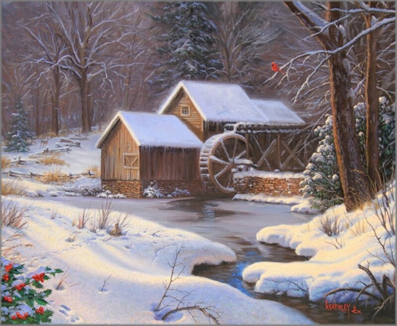 Snow-covered Mill — White, Serene, Winter, Painting