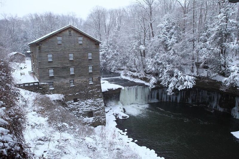 Snow-covered Mill — White, Serene, Winter, Photograph, River, Trees