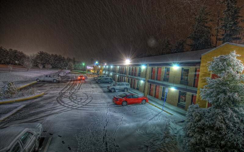 Snow-covered Motel at Night — White