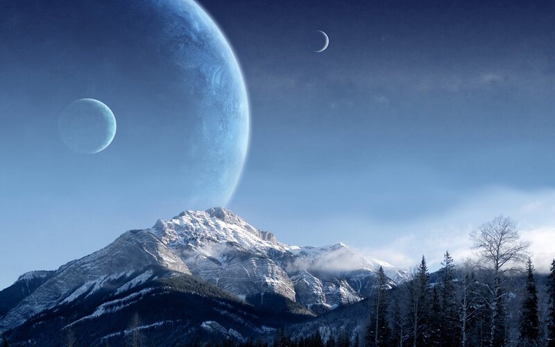 Snow-covered Mountain — Blue, Serene, Night, Digital Art, Planets