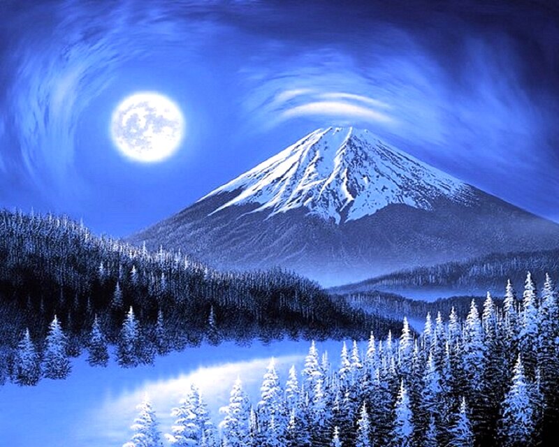 Snow-covered Mountain — Blue, Serene, Night, Digital Art
