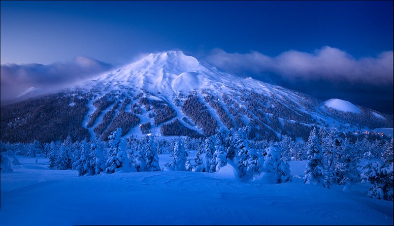 Snow-covered Mountain — Blue, Serene, Night, Photograph, Trees