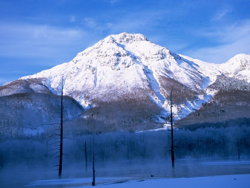 Snow-covered Mountain — Blue, Serene, Winter, Photograph, Forest, Fog