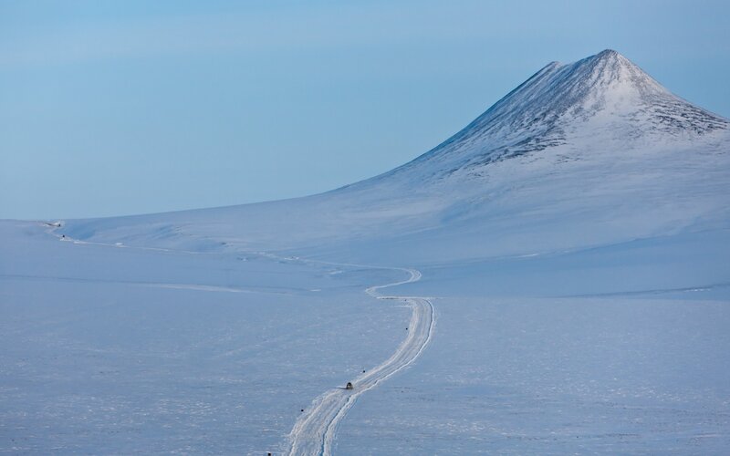 Snow-covered Mountain — Blue, Serene, Winter, Photograph, Road